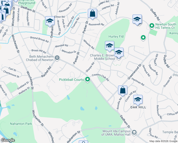 map of restaurants, bars, coffee shops, grocery stores, and more near 460 Dedham Street in Newton