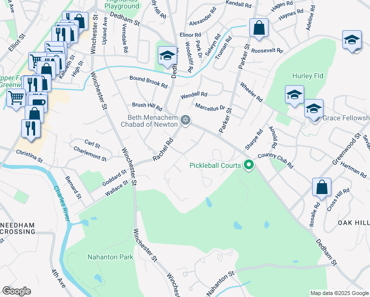 map of restaurants, bars, coffee shops, grocery stores, and more near 44 Countryside Road in Newton