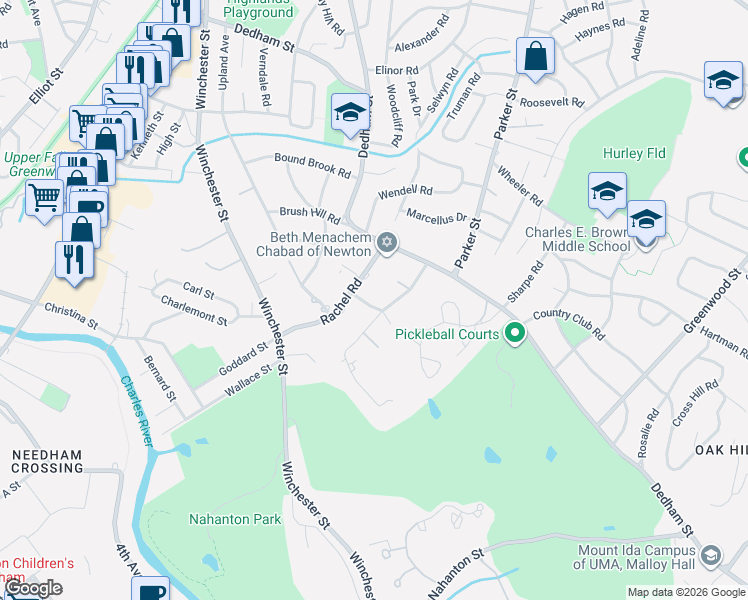 map of restaurants, bars, coffee shops, grocery stores, and more near 62 Rachel Road in Newton
