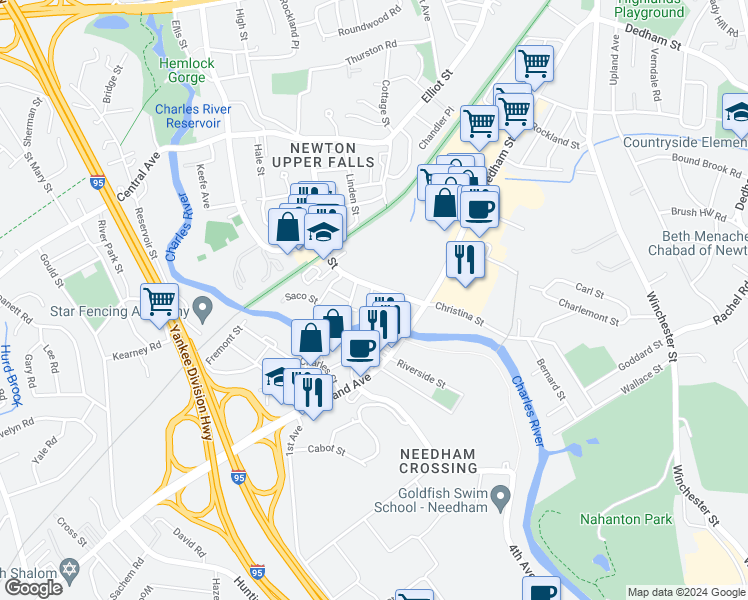 map of restaurants, bars, coffee shops, grocery stores, and more near 14 Abbott Street in Newton