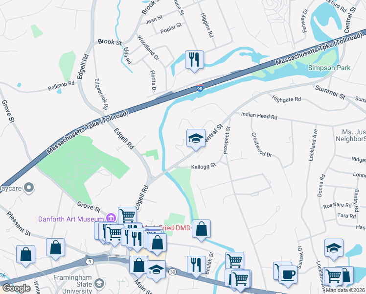 map of restaurants, bars, coffee shops, grocery stores, and more near 933 Central Street in Framingham