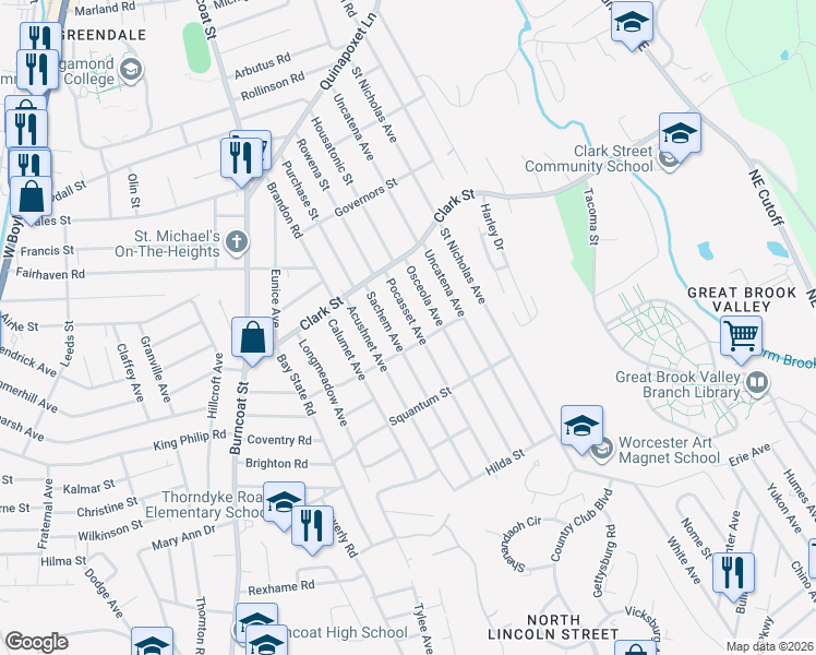 map of restaurants, bars, coffee shops, grocery stores, and more near 36 Pocasset Avenue in Worcester