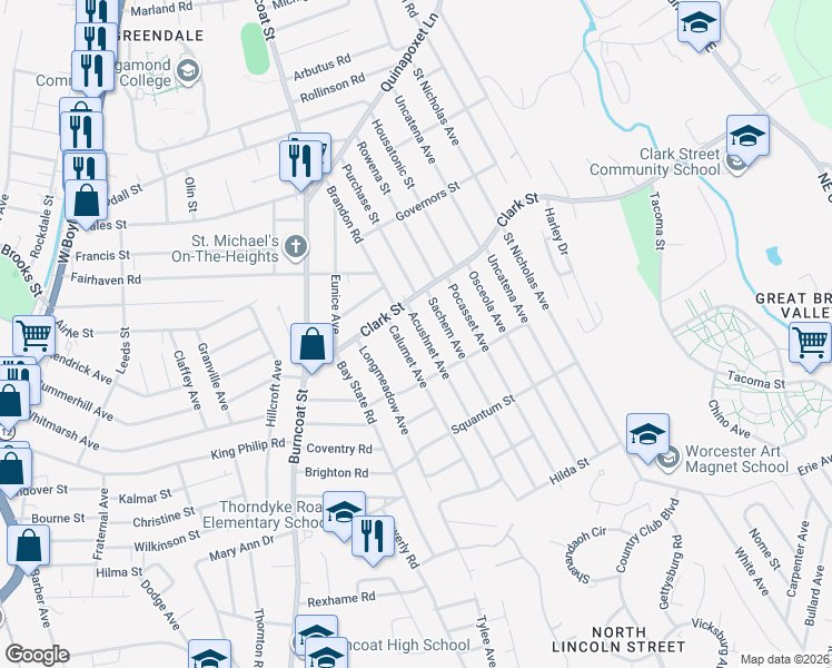 map of restaurants, bars, coffee shops, grocery stores, and more near 9 Calumet Avenue in Worcester