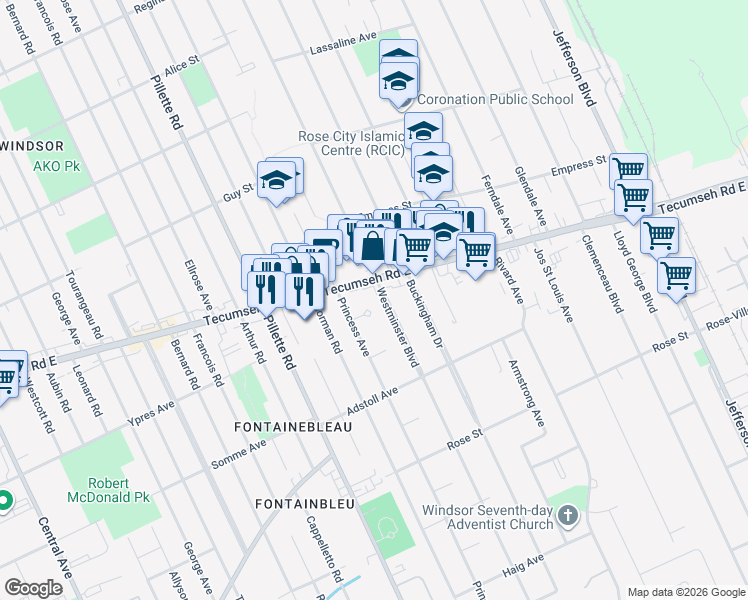 map of restaurants, bars, coffee shops, grocery stores, and more near 5080 Royal Court in Windsor