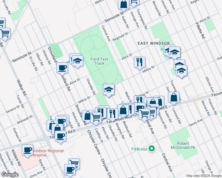 map of restaurants, bars, coffee shops, grocery stores, and more near 1815 Larkin Road in Windsor