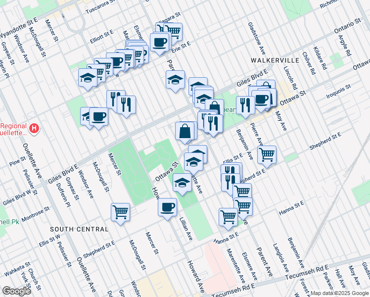 map of restaurants, bars, coffee shops, grocery stores, and more near 808 Ottawa Street in Windsor