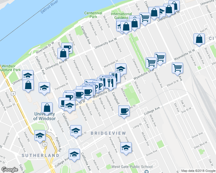 map of restaurants, bars, coffee shops, grocery stores, and more near 573 Campbell Avenue in Windsor