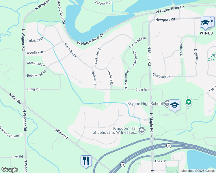 map of restaurants, bars, coffee shops, grocery stores, and more near 2680 Craig Road in Ann Arbor