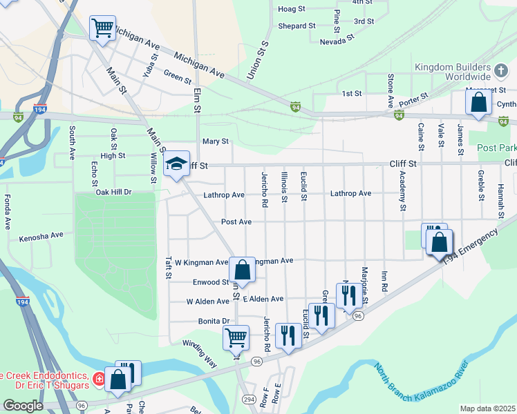 map of restaurants, bars, coffee shops, grocery stores, and more near 62 Jericho Road in Battle Creek