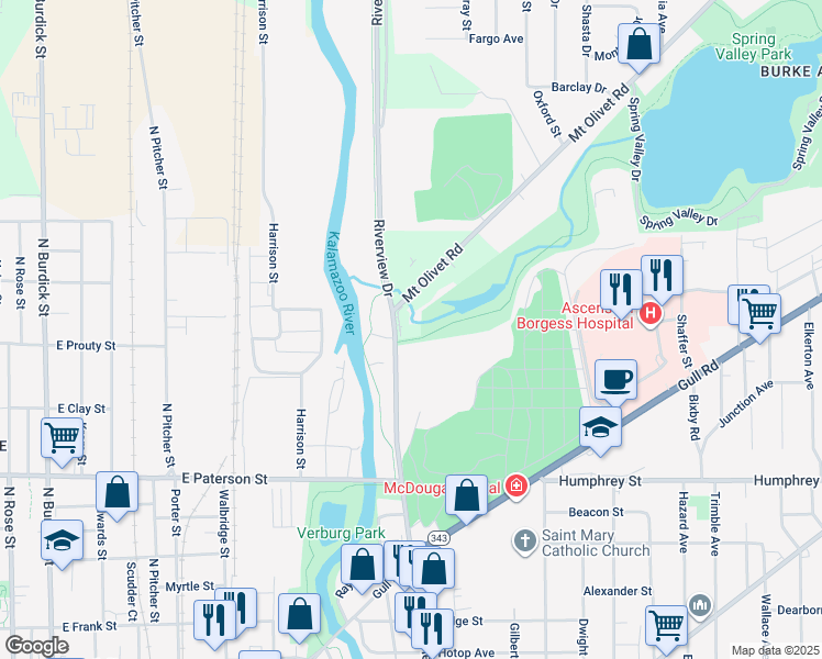 map of restaurants, bars, coffee shops, grocery stores, and more near Spring Valley Park Drive in Kalamazoo