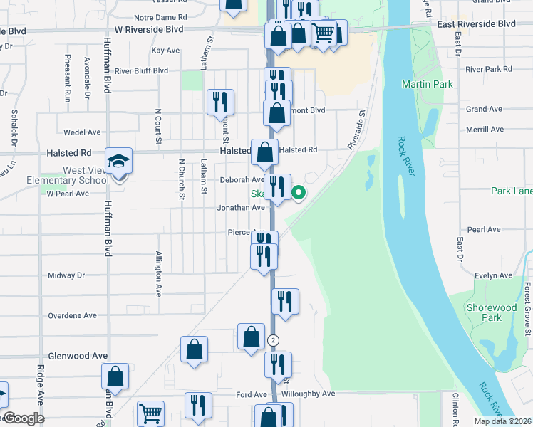 map of restaurants, bars, coffee shops, grocery stores, and more near 3128 Illinois 2 in Rockford