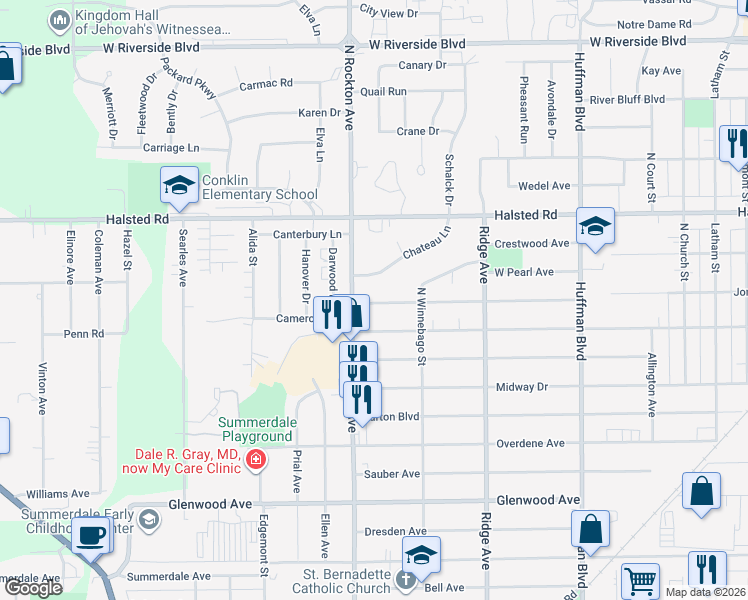 map of restaurants, bars, coffee shops, grocery stores, and more near 2415 Jonathan Avenue in Rockford