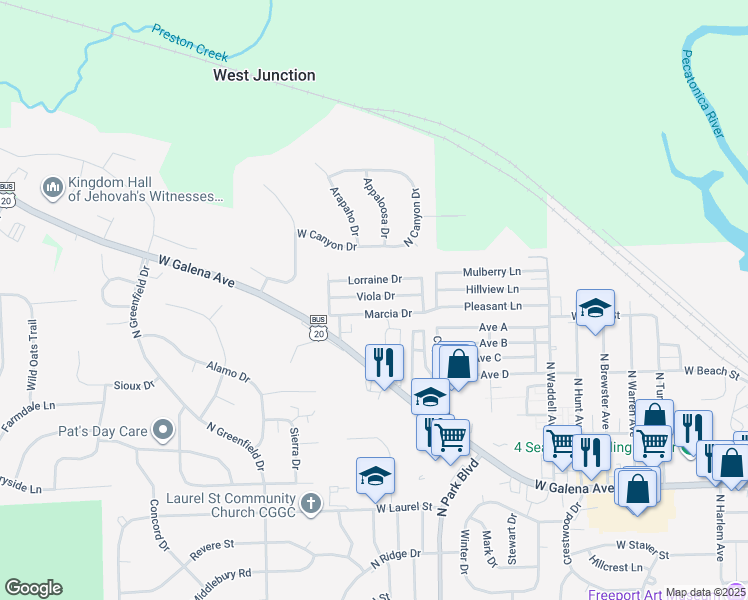 map of restaurants, bars, coffee shops, grocery stores, and more near 218 Viola Drive in Freeport