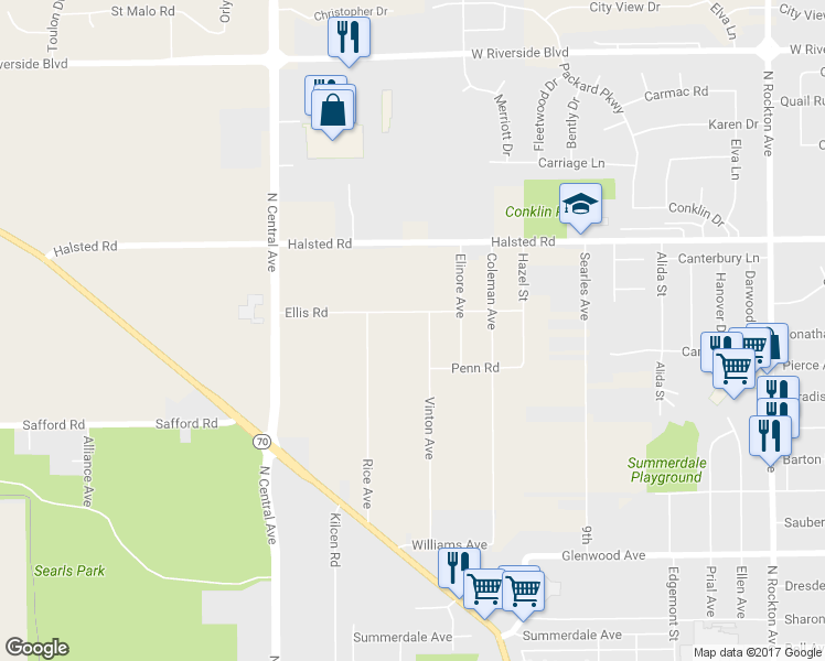 map of restaurants, bars, coffee shops, grocery stores, and more near 3312 Ellis Road in Rockford
