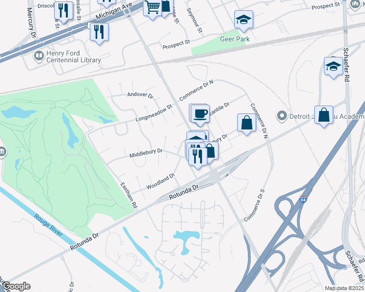 map of restaurants, bars, coffee shops, grocery stores, and more near 45 Middlebury Court in Dearborn