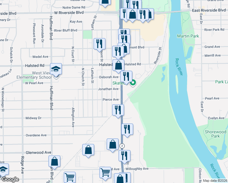 map of restaurants, bars, coffee shops, grocery stores, and more near 3128 Illinois 2 in Rockford