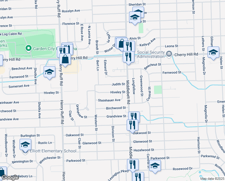 map of restaurants, bars, coffee shops, grocery stores, and more near 29610 Hiveley Street in Inkster