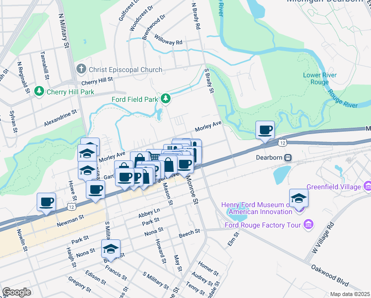 map of restaurants, bars, coffee shops, grocery stores, and more near 21952 Garrison Street in Dearborn