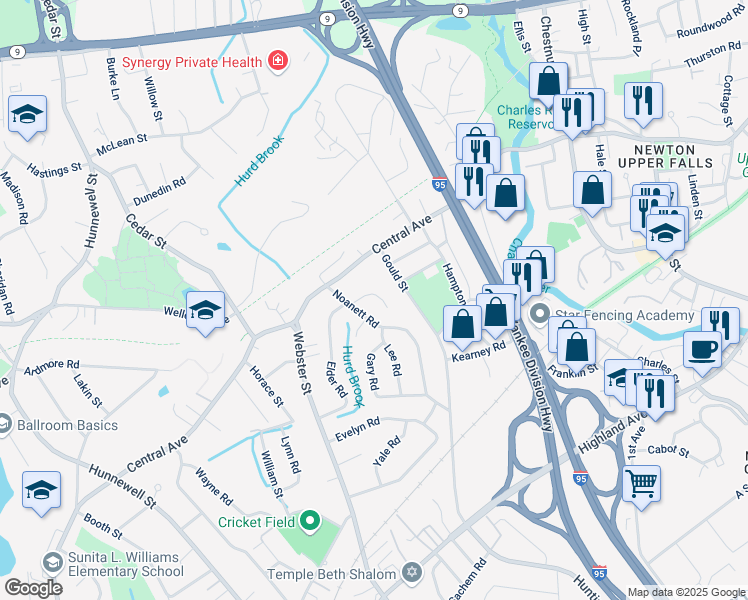 map of restaurants, bars, coffee shops, grocery stores, and more near 25 Hewitt Circle in Needham