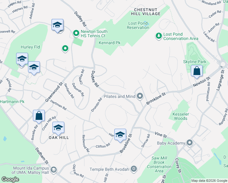 map of restaurants, bars, coffee shops, grocery stores, and more near 458 Dudley Road in Newton