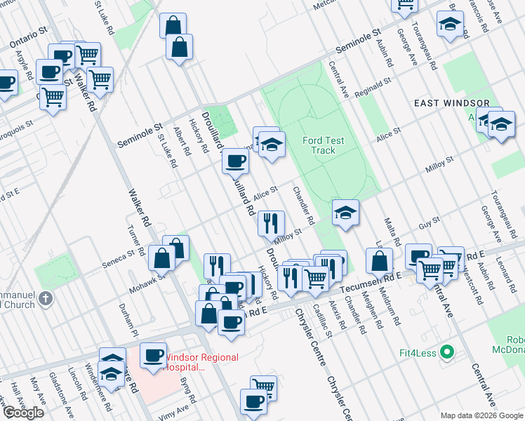 map of restaurants, bars, coffee shops, grocery stores, and more near 1729 Cadillac Street in Windsor