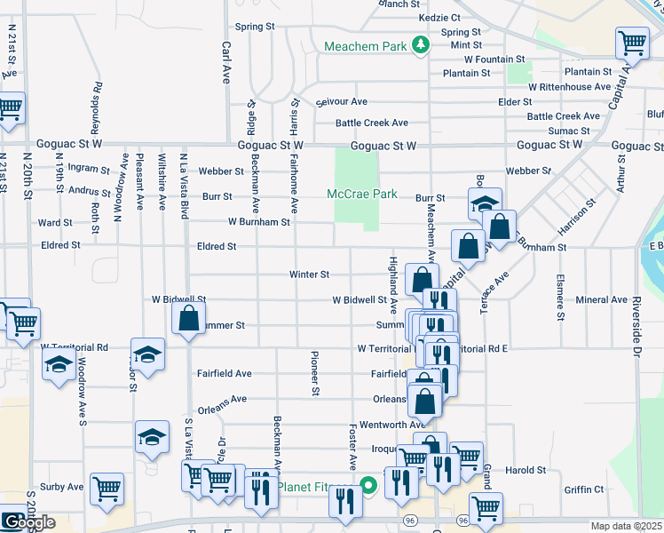 map of restaurants, bars, coffee shops, grocery stores, and more near 106 Winter Street in Battle Creek