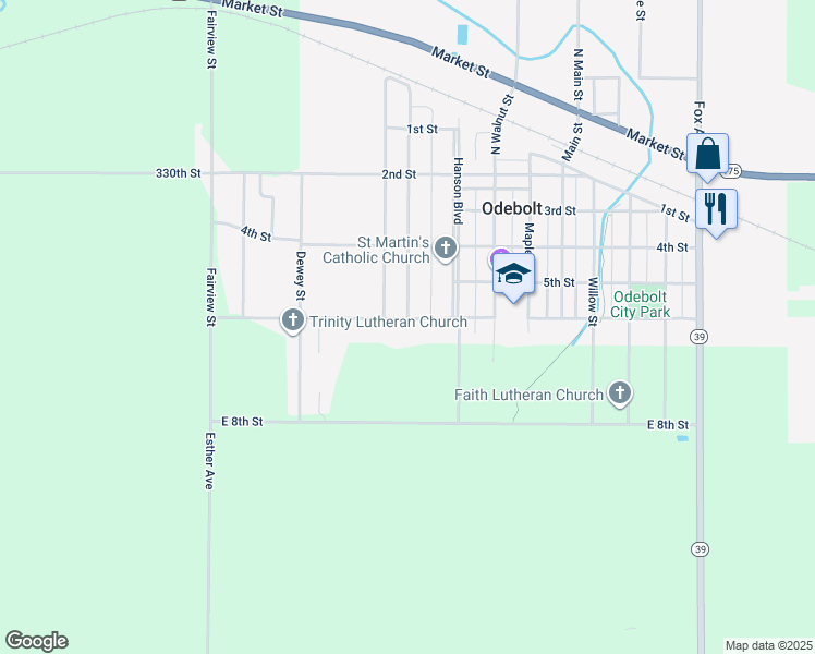 map of restaurants, bars, coffee shops, grocery stores, and more near 500 6th Street in Odebolt