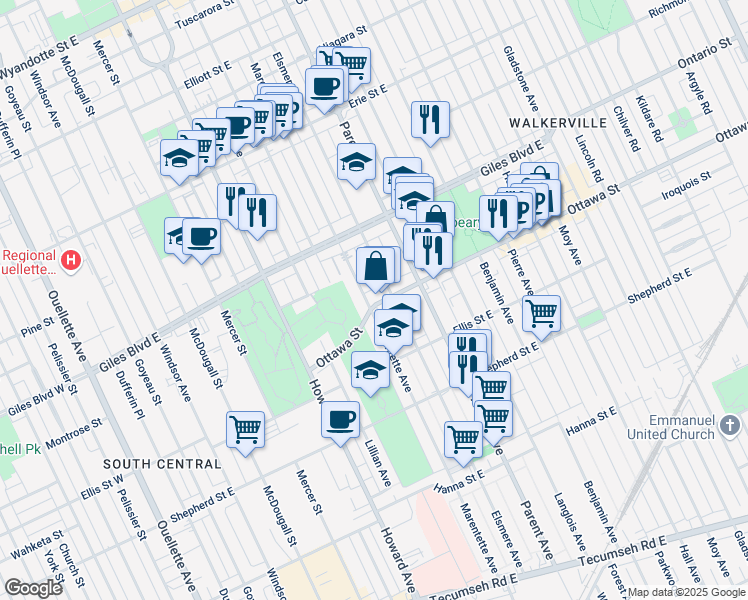 map of restaurants, bars, coffee shops, grocery stores, and more near 808 Ottawa Street in Windsor