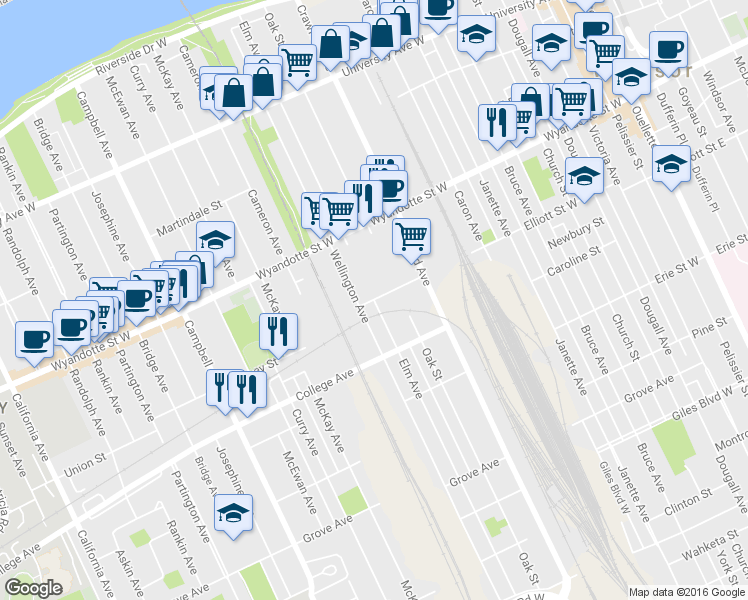 map of restaurants, bars, coffee shops, grocery stores, and more near Elm Avenue in Windsor