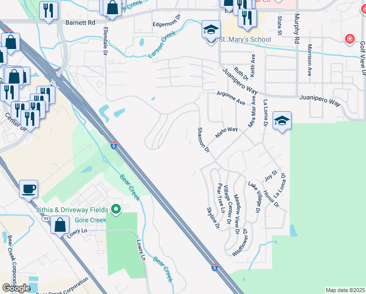 map of restaurants, bars, coffee shops, grocery stores, and more near 1200 Mira Mar Avenue in Medford