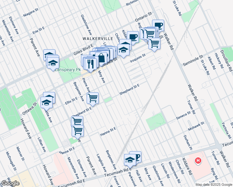 map of restaurants, bars, coffee shops, grocery stores, and more near 1495 Gladstone Avenue in Windsor