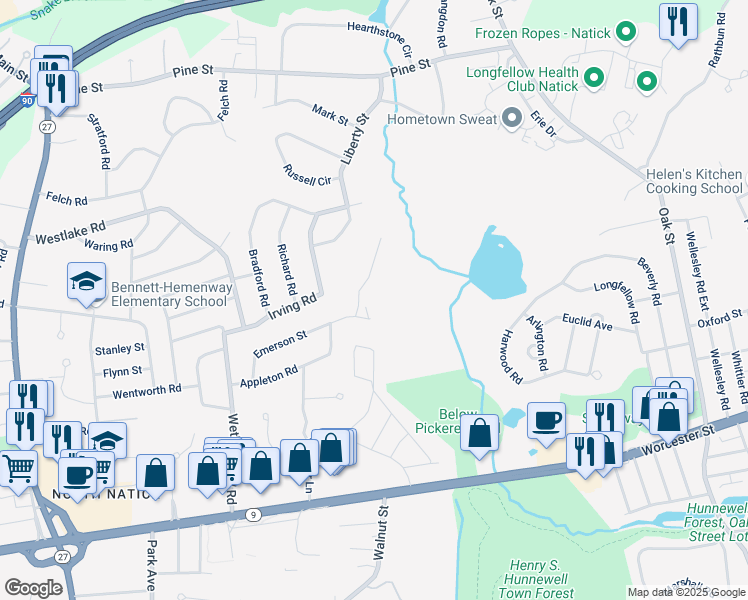 map of restaurants, bars, coffee shops, grocery stores, and more near 3 Huntington Street in Natick