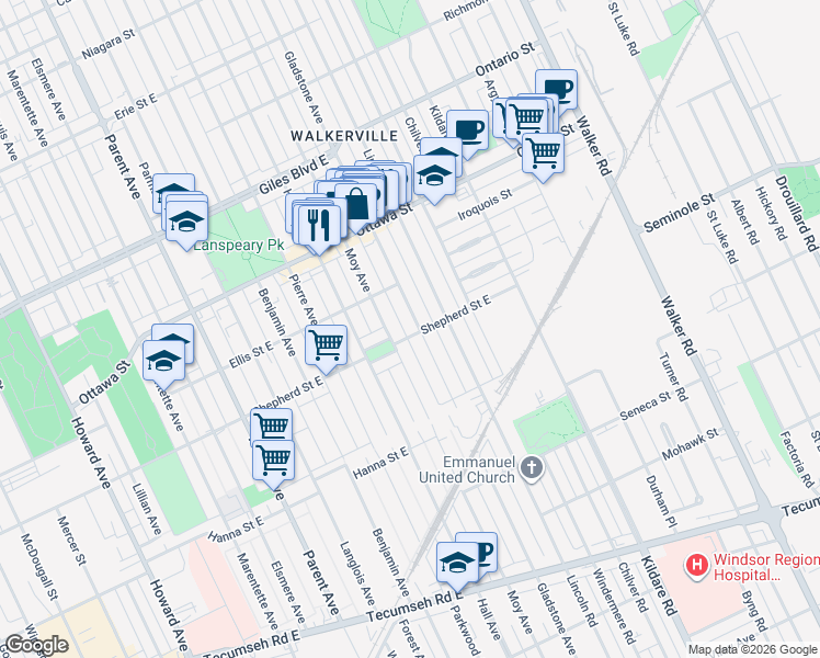 map of restaurants, bars, coffee shops, grocery stores, and more near 1495 Gladstone Avenue in Windsor