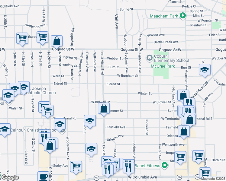 map of restaurants, bars, coffee shops, grocery stores, and more near 240 Winter Street in Battle Creek