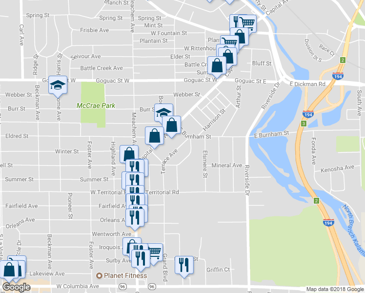 map of restaurants, bars, coffee shops, grocery stores, and more near 25 Terrace Avenue in Battle Creek