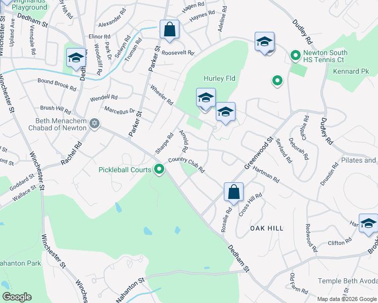map of restaurants, bars, coffee shops, grocery stores, and more near 225 Arnold Road in Newton