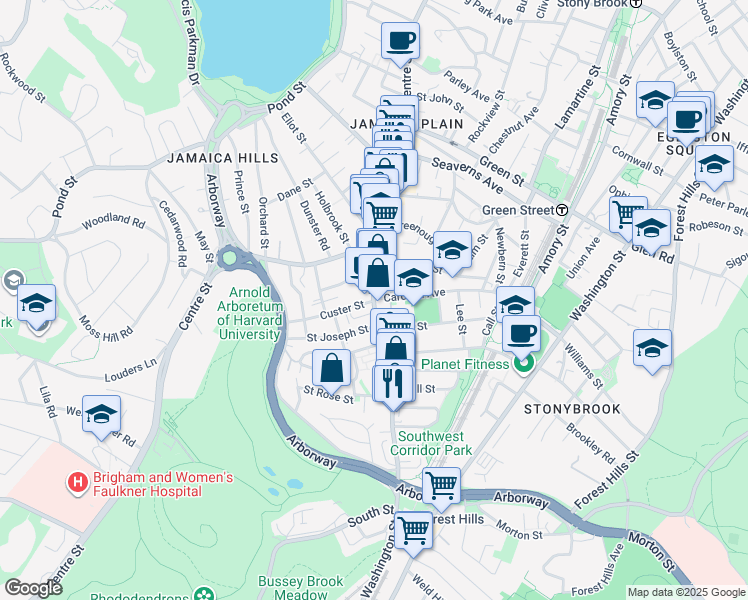 map of restaurants, bars, coffee shops, grocery stores, and more near South Street & Carolina Avenue in Boston