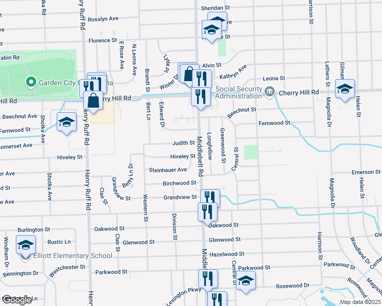 map of restaurants, bars, coffee shops, grocery stores, and more near 29430 Hiveley Street in Inkster