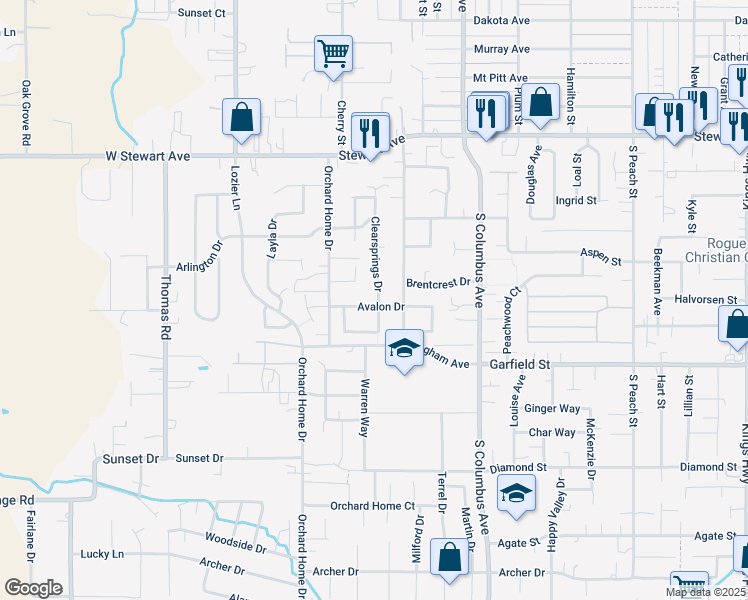 map of restaurants, bars, coffee shops, grocery stores, and more near 1432 Avalon Drive in Medford