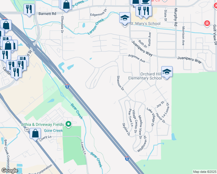 map of restaurants, bars, coffee shops, grocery stores, and more near 1200 Mira Mar Avenue in Medford