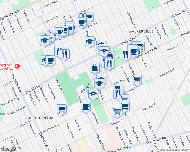 map of restaurants, bars, coffee shops, grocery stores, and more near 816 Ottawa Street in Windsor