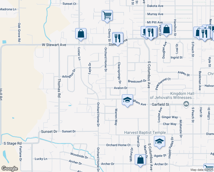 map of restaurants, bars, coffee shops, grocery stores, and more near 1482 Avalon Drive in Medford