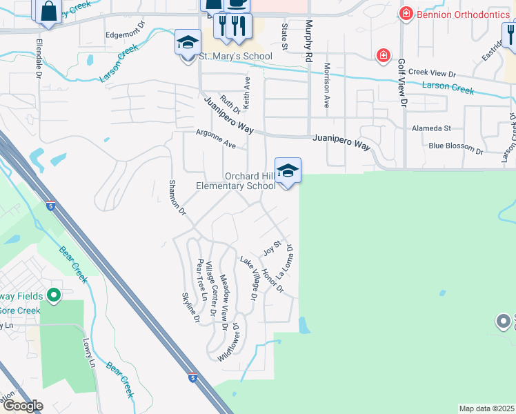 map of restaurants, bars, coffee shops, grocery stores, and more near 1110 La Loma Drive in Medford