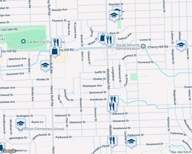 map of restaurants, bars, coffee shops, grocery stores, and more near 29610 Hiveley Street in Inkster