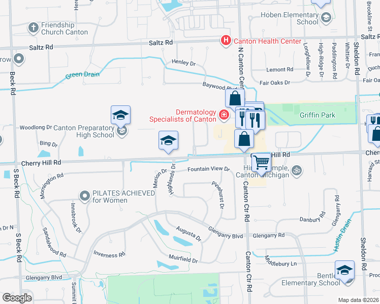 map of restaurants, bars, coffee shops, grocery stores, and more near 142 Scarlett Drive in Canton