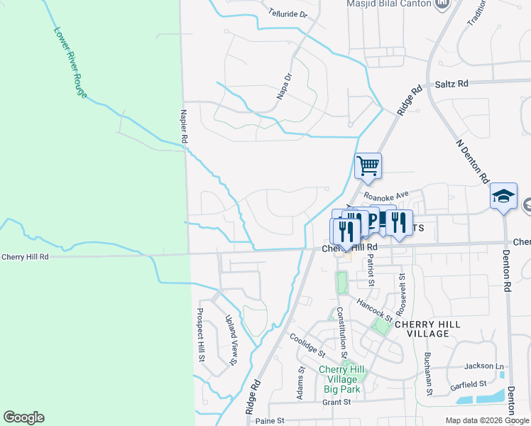 map of restaurants, bars, coffee shops, grocery stores, and more near 50837 Steed Drive in Canton