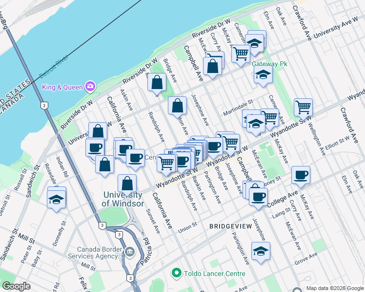 map of restaurants, bars, coffee shops, grocery stores, and more near 448 Rankin Avenue in Windsor