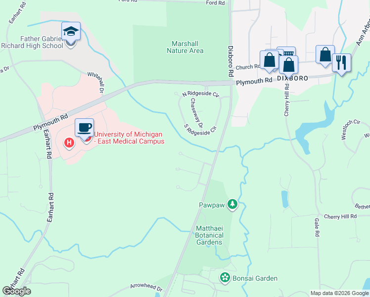 map of restaurants, bars, coffee shops, grocery stores, and more near 4930 Ravine Court in Ann Arbor