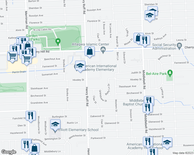 map of restaurants, bars, coffee shops, grocery stores, and more near 200 Cherry Hill Trail in Inkster