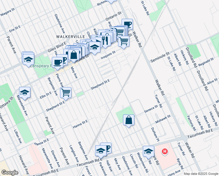 map of restaurants, bars, coffee shops, grocery stores, and more near 1527 Windermere Road in Windsor